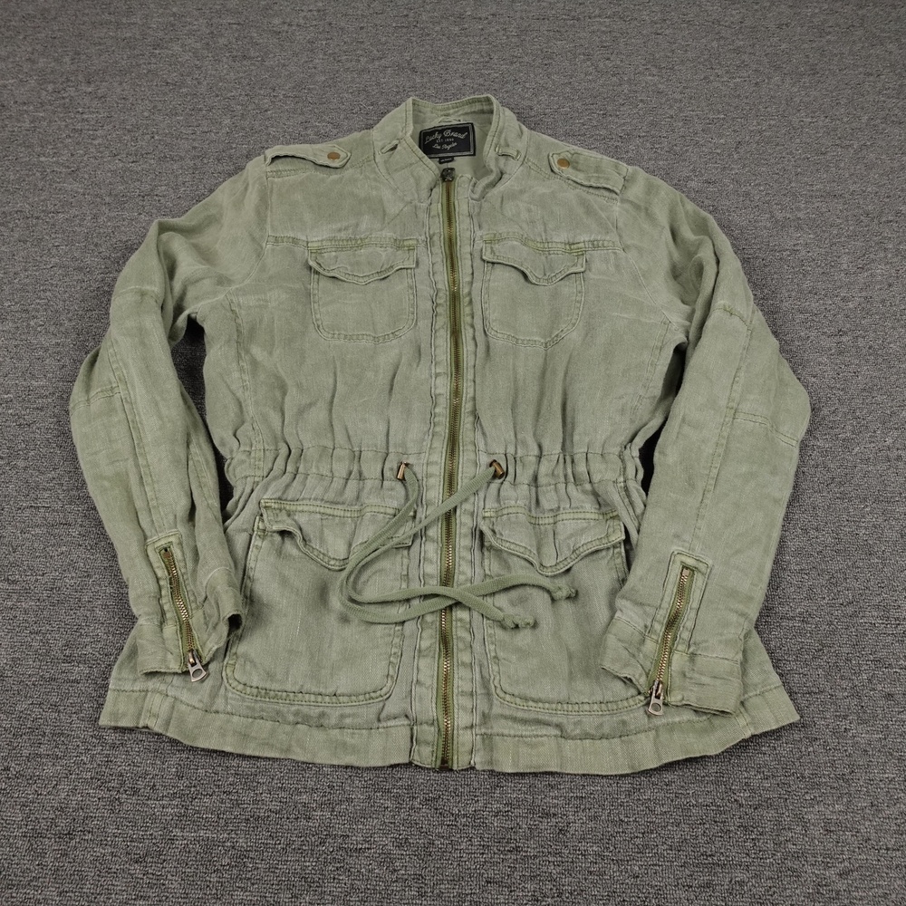 Lucky Brand Jacket Womens L Green Linen Military Utility Drawstring Full Zip